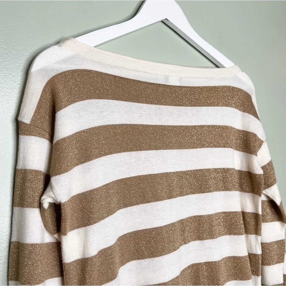 J. Crew Wool‎ Blend Roll Button Long Sleeve Top Striped Gold Shimmer White XS